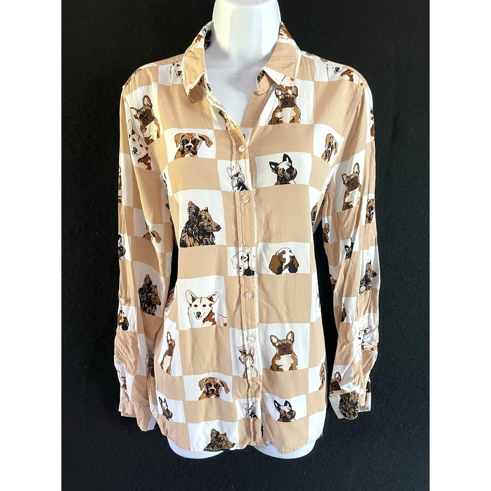 Eclectic Grandpa Grandmacore check shirt dog print Large Beige Acedemia Retro